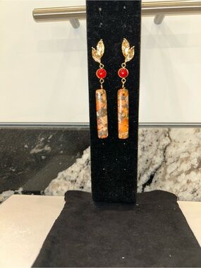 Studio Barse Gold Leaf Earrings with   Red Magnesite and Orange Stone Bars